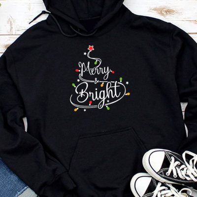 Funny Merry and Bright Christmas Lights Xmas Holiday Short Sleeve Hoodie UH1125