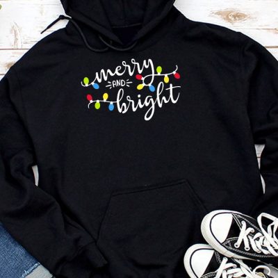 Funny Merry and Bright Christmas Lights Xmas Holiday Short Sleeve Hoodie UH1128