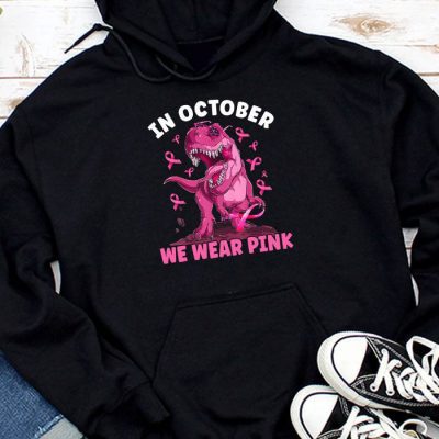 In October We Wear Pink Dinosaur Trex Breast Cancer Kids Hoodie UH1017
