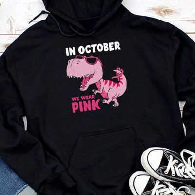 In October We Wear Pink Dinosaur Trex Breast Cancer Kids Hoodie UH1019