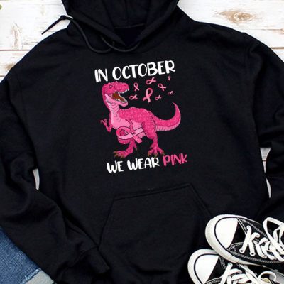 In October We Wear Pink Dinosaur Trex Breast Cancer Kids Hoodie UH1020