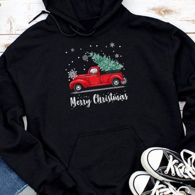 Red Buffalo Plaid Pickup Truck with Tree Merry Christmas Hoodie UH1235