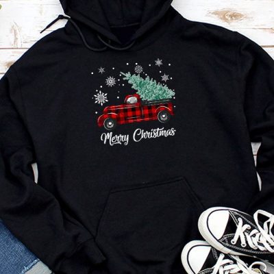 Red Buffalo Plaid Pickup Truck with Tree Merry Christmas Hoodie UH1236