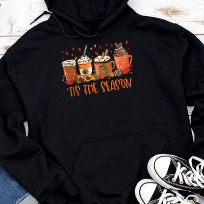 Tis The Season Pumpkin Leaf Latte Fall Thanksgiving Football Hoodie UH1144