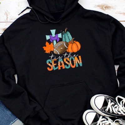 Tis The Season Pumpkin Leaf Latte Fall Thanksgiving Football Hoodie UH1145