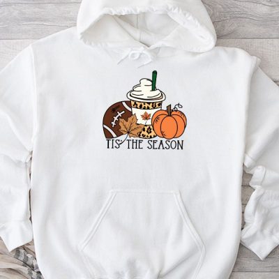 Tis The Season Pumpkin Leaf Latte Fall Thanksgiving Football Hoodie UH1146