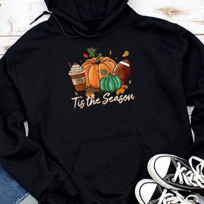 Tis The Season Pumpkin Leaf Latte Fall Thanksgiving Football Hoodie UH1149