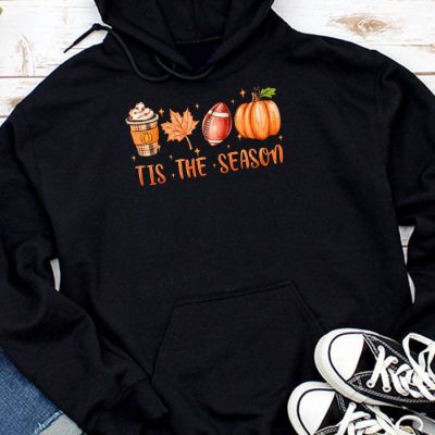 Tis The Season Pumpkin Leaf Latte Fall Thanksgiving Football Hoodie UH1150