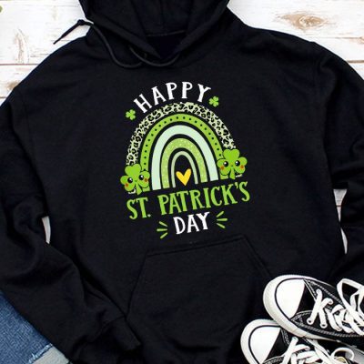 Happy St. Patricks Day Leopard Print Rainbow Shamrock Irish Hoodie MHS1235