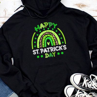 Happy St. Patricks Day Leopard Print Rainbow Shamrock Irish Hoodie MHS1236