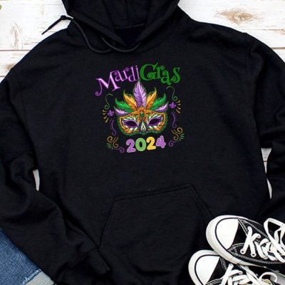 Mardi Gras 2024 Mask Fleur De Lys Beads NOLA Carnival Party Hoodie MHS1054