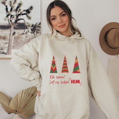 Oh Come! Let Us Adore Him Color Block Christmas Trees Unisex Hoodie JSH1201
