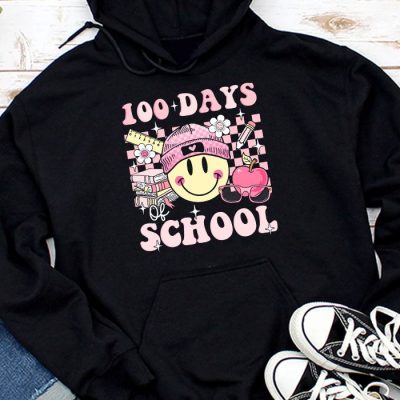 Teacher Kids Retro Groovy 100 Days Happy 100th Day Of School Hoodie MHS1021