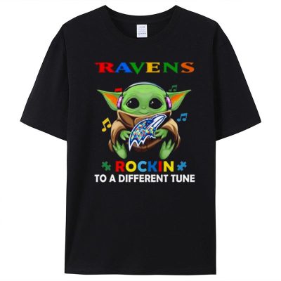 Baby Yoda Hug Baltimore Ravens Autism Rockin To A Different Tune Unisex T-Shirt