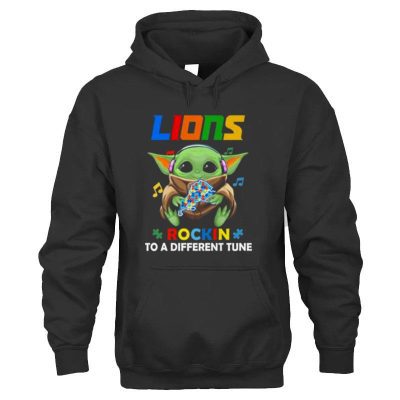 Baby Yoda Hug Detroit Lions Autism Rockin To A Different Tune Unisex Hoodie