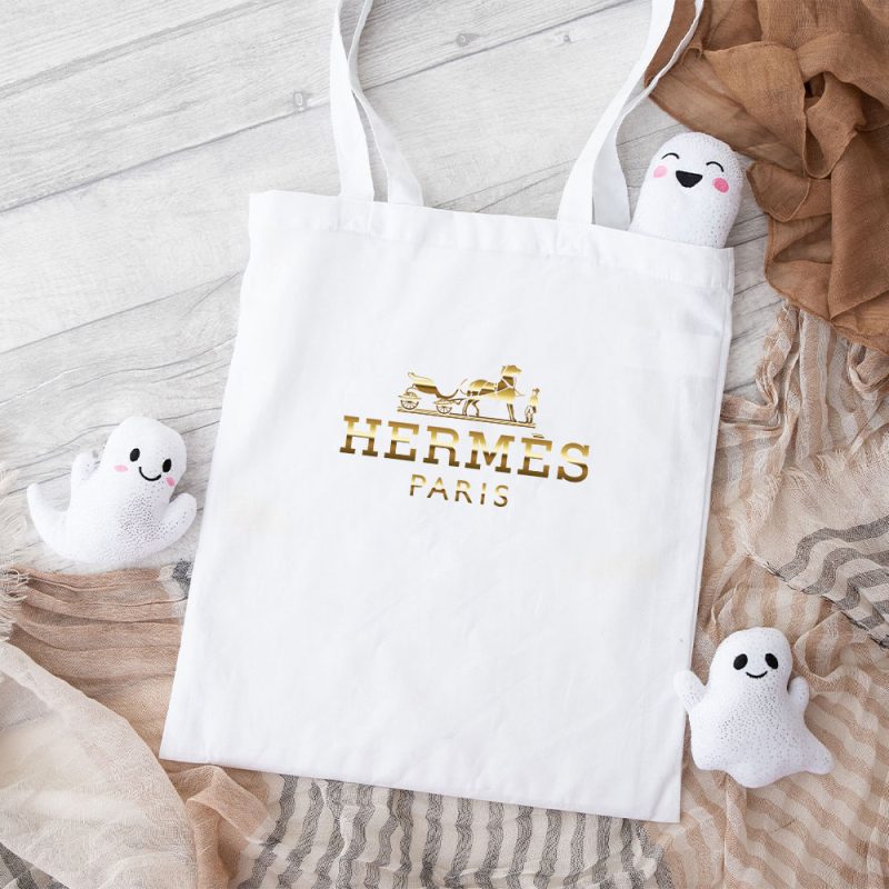 Hermes Paris Horse Gold Original Logo Cotton Canvas Tote Bag TTB1502