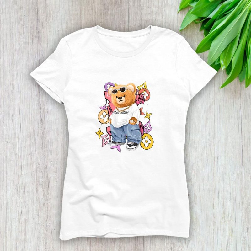 Louis Vuitton Logo Luxury Graffiti Teddy Bear Lady T-Shirt Luxury Tee For Women LDS1572