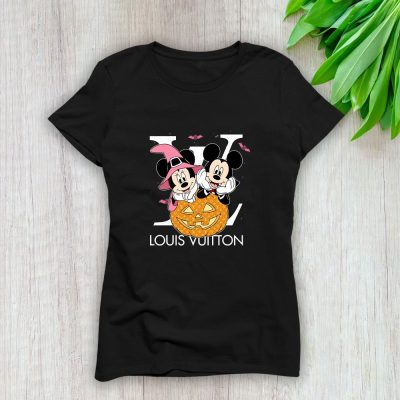 Louis Vuitton Logo Luxury Halloween Pumpkin Minnie Mouse Mickey Mouse Lady T-Shirt Luxury Tee For Women LDS1726