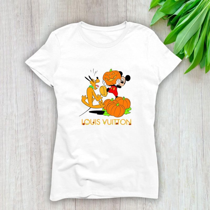 Louis Vuitton Logo Luxury Halloween Pumpkin Pluto Mickey Mouse Lady T-Shirt Luxury Tee For Women LDS1728