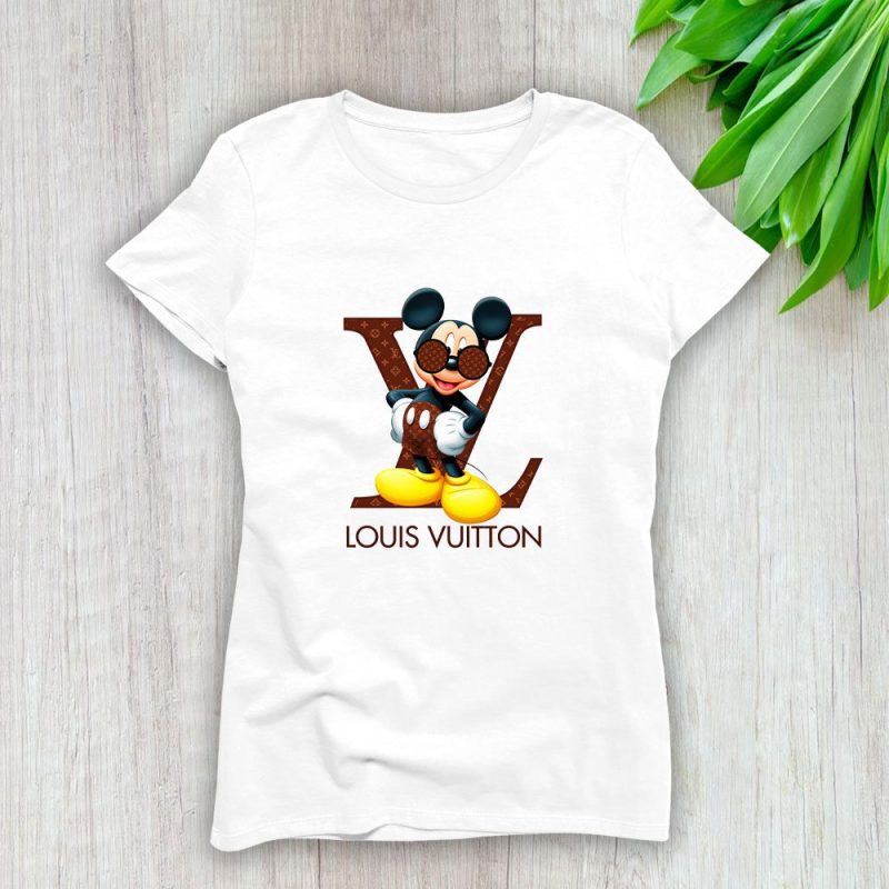 Louis Vuitton Logo Luxury Monogram Canvas Pattern Mickey Mouse Lady T-Shirt Luxury Tee For Women LDS1647