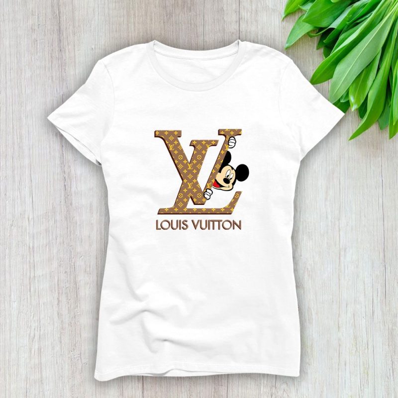 Louis Vuitton Logo Luxury Monogram Canvas Pattern Mickey Mouse Lady T-Shirt Luxury Tee For Women LDS1707