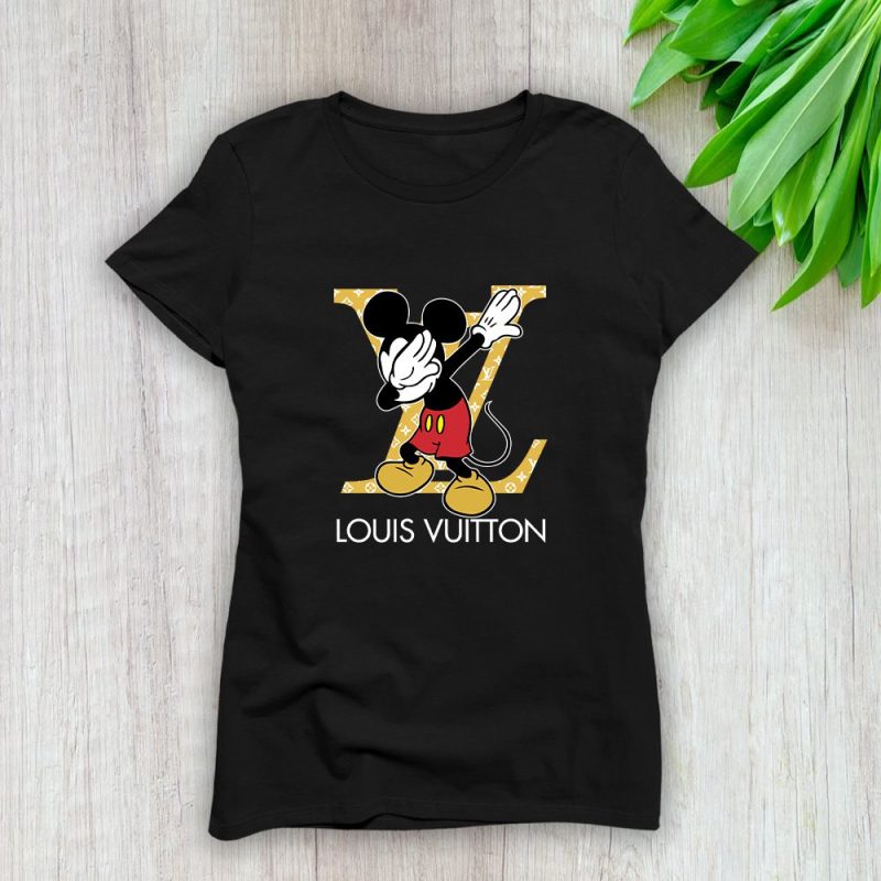 Louis Vuitton Luxury Logo Yellow And White Monogram Canvas Pattern  Mickey Mouse Dabbing Lady T-Shirt Luxury Tee For Women LDS1688