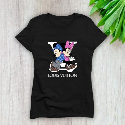 Louis Vuitton Monogram Canvas Pattern Mickey Mouse And Minnie Mouse Lady T-Shirt Luxury Tee For Women LDS1690