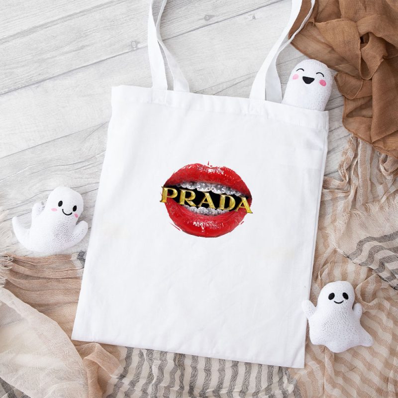 Prada Gold Logo Luxury Sexy Lips Cotton Canvas Tote Bag TTB1812