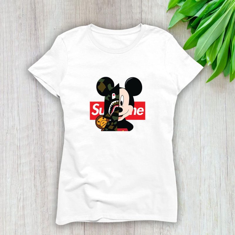 Supreme X Bape Mickey Mouse Lady T-Shirt Luxury Tee For Women LDS1862