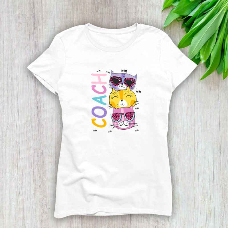 Cartoon Cats In Glasses Fruits Coach Brand Lady T-Shirt Cotton Tee TLT6243