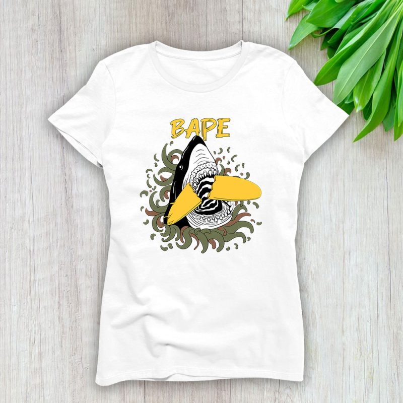 Cartoon Shark With Surfboard Bape Brand Lady Shirt Women Tee TLT5375