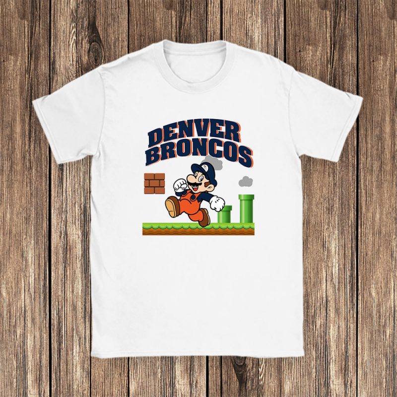 Mario X Denver Broncos Team NFL American Football Unisex T-Shirt Cotton Tee TAT8585