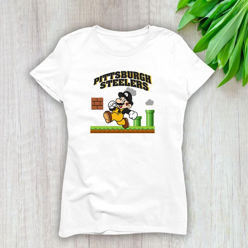 Mario X Pittsburgh Steelers Team NFL American Football Lady T-Shirt Women Tee LTL8602