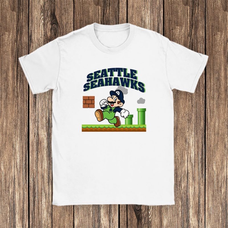 Mario X Seattle Seahawks Team NFL American Football Unisex T-Shirt Cotton Tee TAT8603