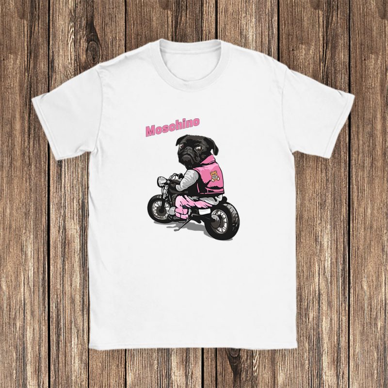 Pug Dog Riding A Motorcycle Moschino Brand Unisex T-Shirt Cotton Tee TAT6387