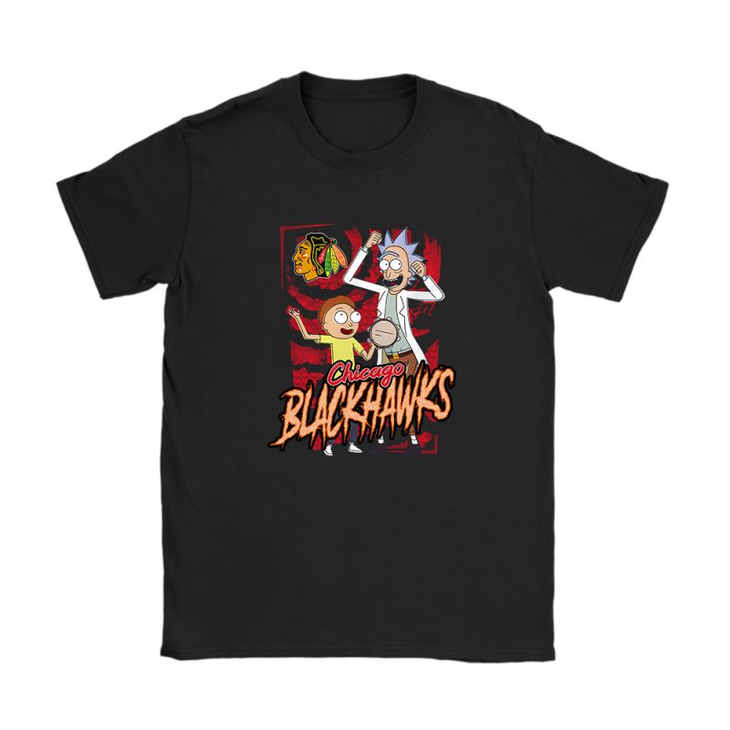 Rick And Morty X Chicago Blackhawks Team NHL Hockey Fan Unisex T-Shirt Cotton Tee TAT8815