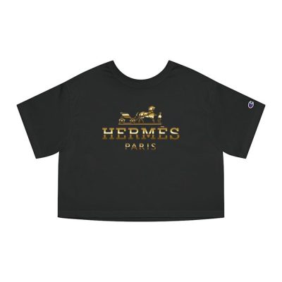 Hermes Paris Horse Gold Original Logo Champion Lady Crop-Top T-Shirt CTB2514