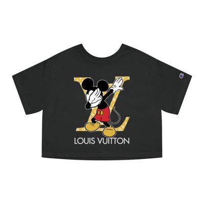 Louis Vuitton Luxury Logo Yellow And White Monogram Canvas Pattern Mickey Mouse Dabbing Champion Lady Heritage Crop-Top T-Shirt CTB153