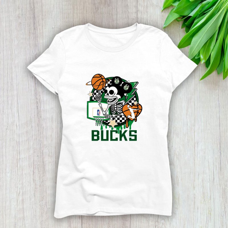 Mickey Skull Retro Basketball Sublimation Milwaukee Bucks Team Lady T-Shirt Women Tee LTL11053