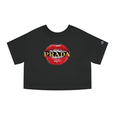 Prada Gold Logo Luxury Sexy Lips Champion Lady Crop-Top T-Shirt CTB2586