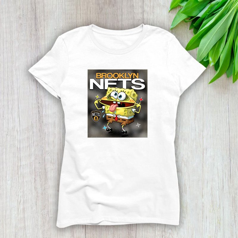 Spongebob Squarepants X Brooklyn Nets Team NBA Basketball Lady T-Shirt Women Tee LTL9467