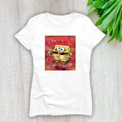 Spongebob Squarepants X Calgary Flames Team X NHL X Hockey Fan Lady T-Shirt Women Tee LTL9534