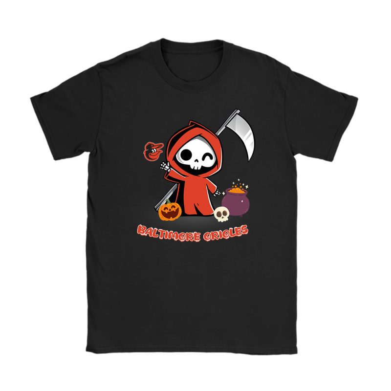 Baltimore Orioles x Grim Reaper Cute Spooky x MLB Halloween Unisex T-Shirt Cotton Tee TAT15556