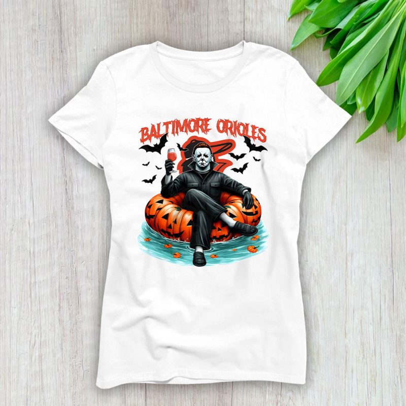 Baltimore Orioles x Halloween Masquerade MLB x Michael Myers Masked Killer Lady T-Shirt Women Tee LTL15811