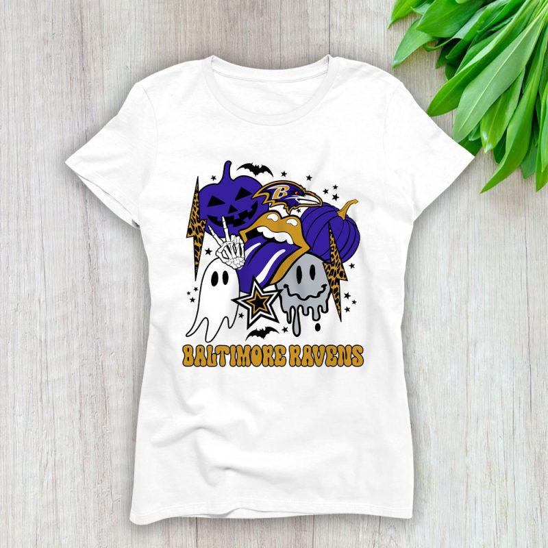 Baltimore Ravens x Happy Halloween NFL x Cute Ghost With Pumpkin Face Lady T-Shirt Women Tee LTL15158