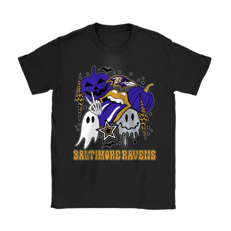 Baltimore Ravens x Happy Halloween NFL x Cute Ghost With Pumpkin Face Unisex T-Shirt Cotton Tee TAT15158