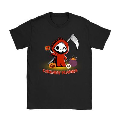 Calgary Flames x Grim Reaper Cute Spooky x NHL Halloween Unisex T-Shirt Cotton Tee TAT14723