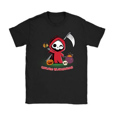 Chicago Blackhawks x Grim Reaper Cute Spooky x NHL Halloween Unisex T-Shirt Cotton Tee TAT14715