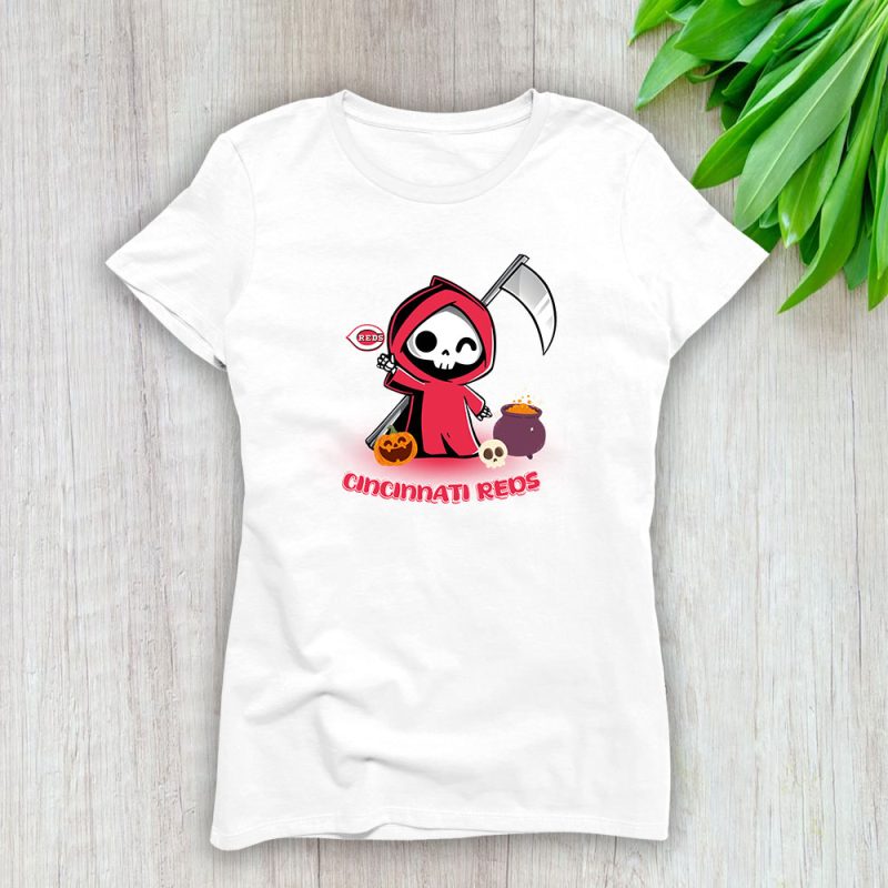 Cincinnati Reds x Grim Reaper Cute Spooky x MLB Halloween Lady T-Shirt Women Tee LTL15601