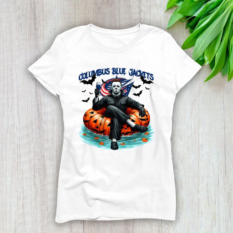 Columbus Blue Jackets x Halloween Masquerade NHL x Michael Myers Masked Killer Lady T-Shirt Women Tee LTL15187